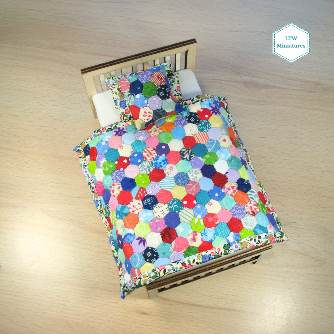 Bright Hexies Double Quilt and Pillows for 1:12 Dollhouse