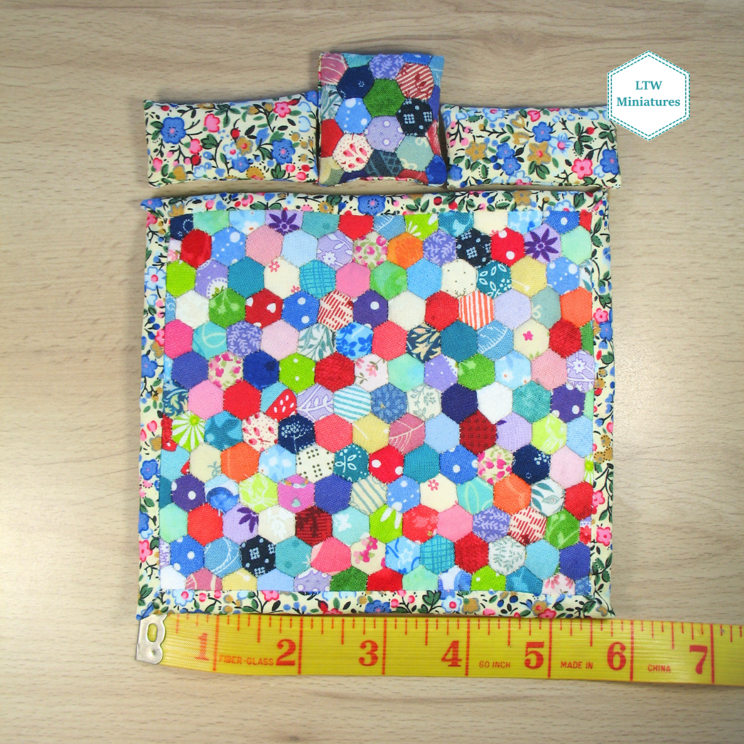 Bright Hexies Double Quilt and Pillows for 1:12 Dollhouse