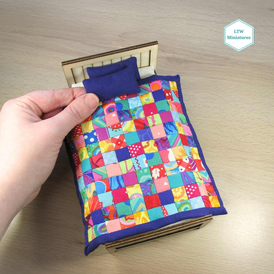 Bright Rainbow Squares Single Quilt and Pillows for 1:12 Dollhouse