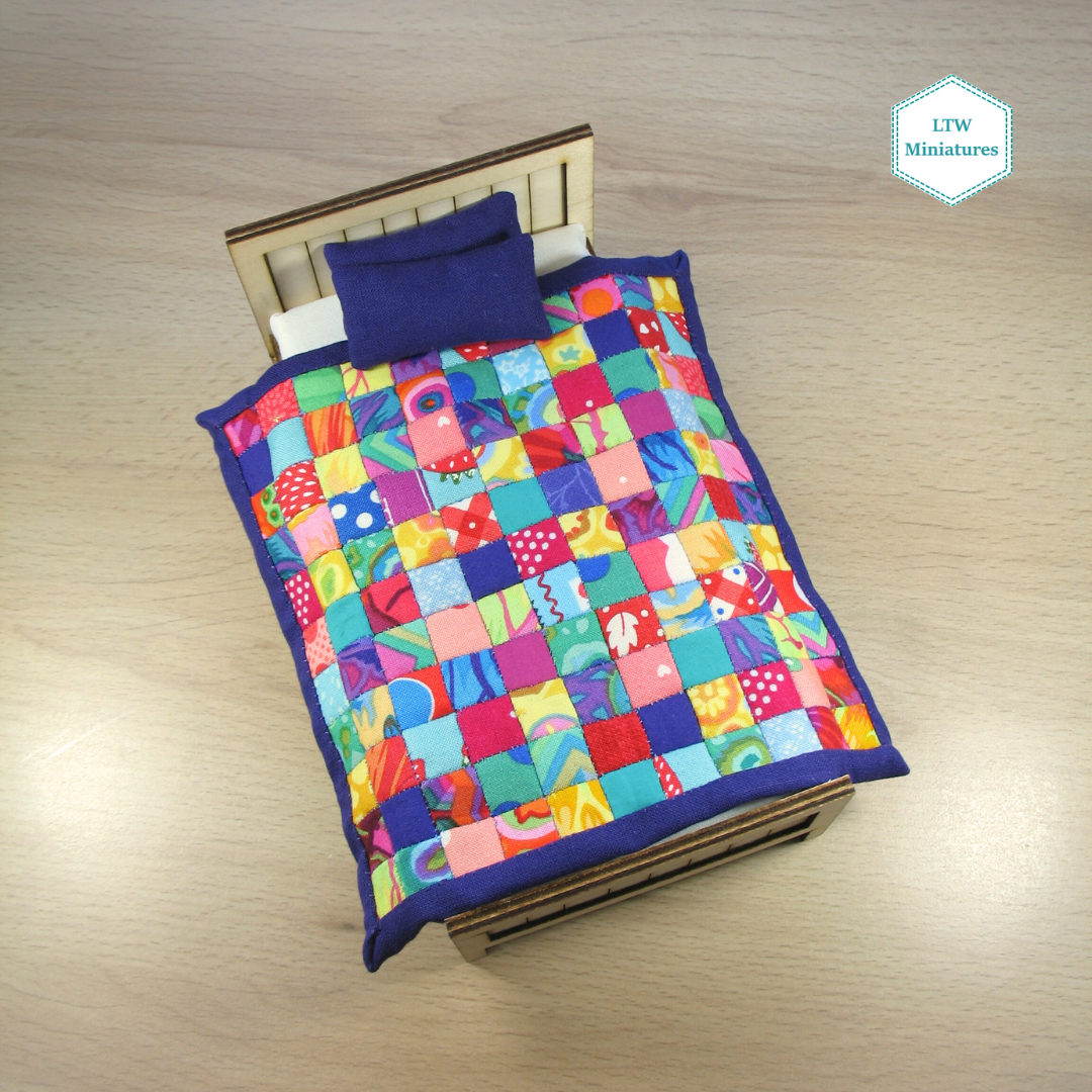 Bright Rainbow Squares Single Quilt and Pillows for 1:12 Dollhouse