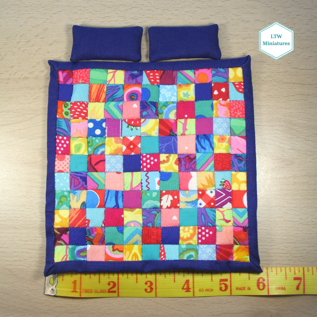 Bright Rainbow Squares Single Quilt and Pillows for 1:12 Dollhouse