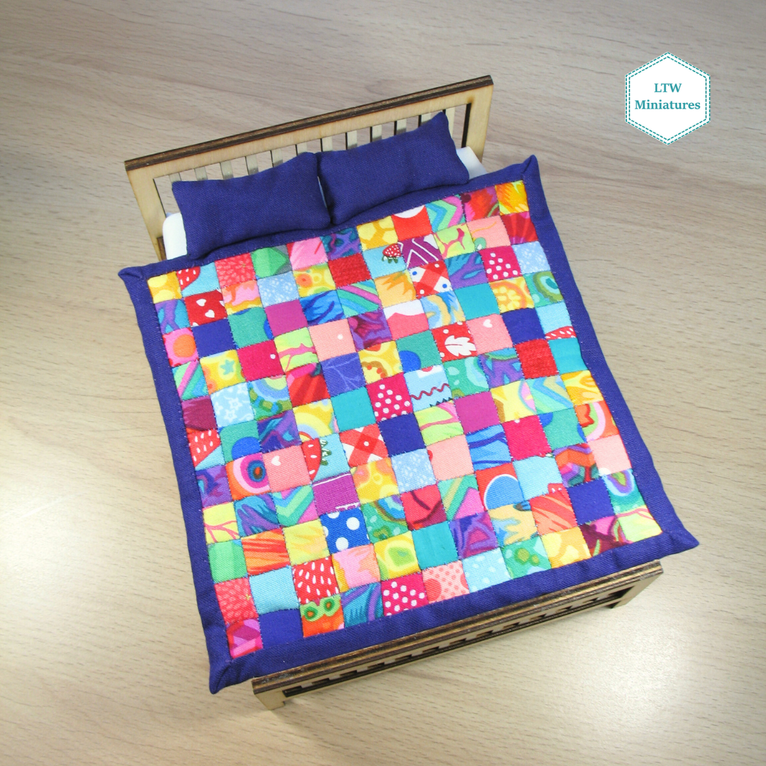 Bright Rainbow Squares Single Quilt and Pillows for 1:12 Dollhouse