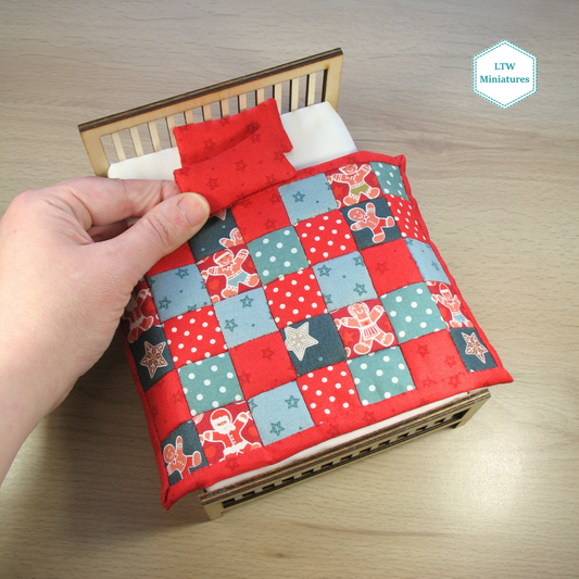 Christmas Gingerbread Squares Double Quilt and Pillows for 1:12 Dollhouse