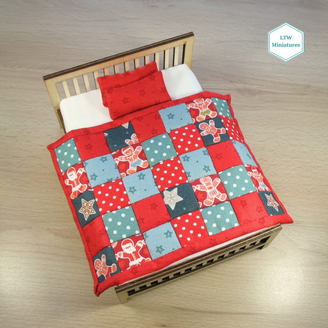 Christmas Gingerbread Squares Double Quilt and Pillows for 1:12 Dollhouse