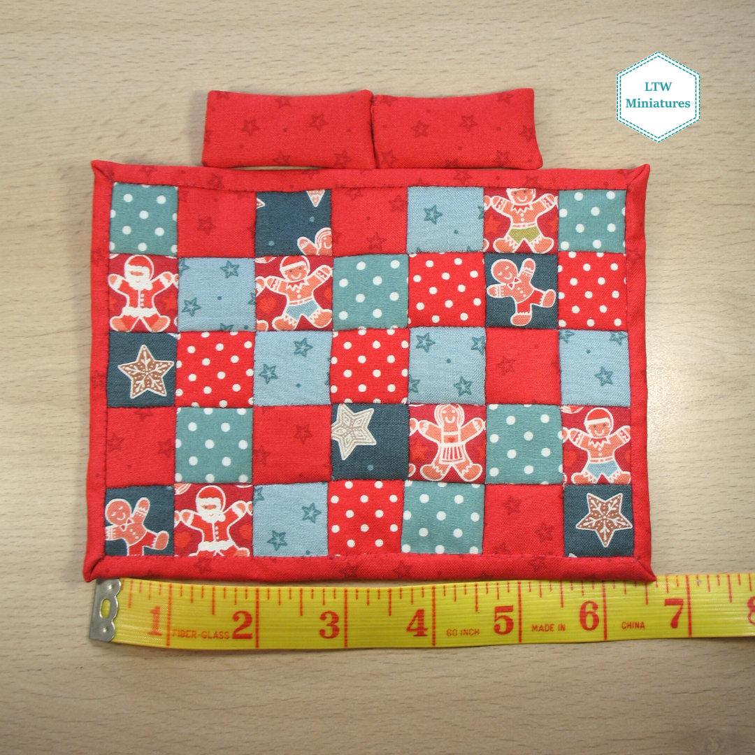 Christmas Gingerbread Squares Double Quilt and Pillows for 1:12 Dollhouse