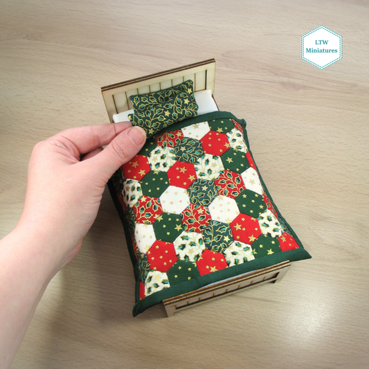 Christmas Hexies Single Quilt and Pillows for 1:12 Dollhouse