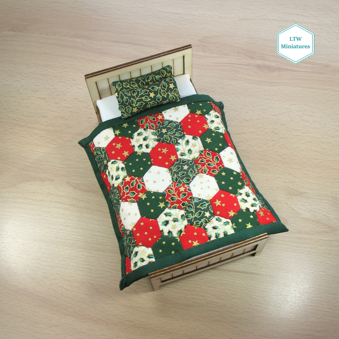 Christmas Hexies Single Quilt and Pillows for 1:12 Dollhouse