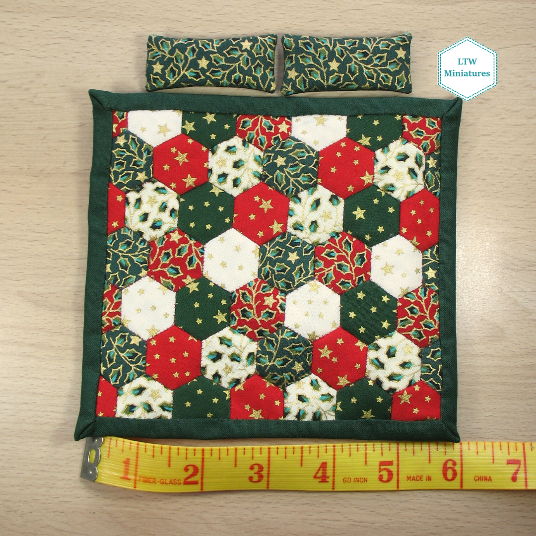 Christmas Hexies Single Quilt and Pillows for 1:12 Dollhouse