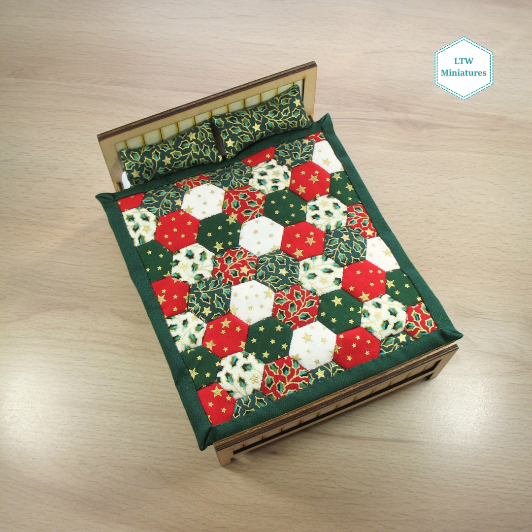 Christmas Hexies Single Quilt and Pillows for 1:12 Dollhouse