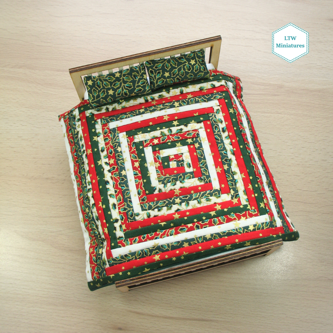 Christmas Log Cabin Double Quilt and Pillows for 1:12 Dollhouse