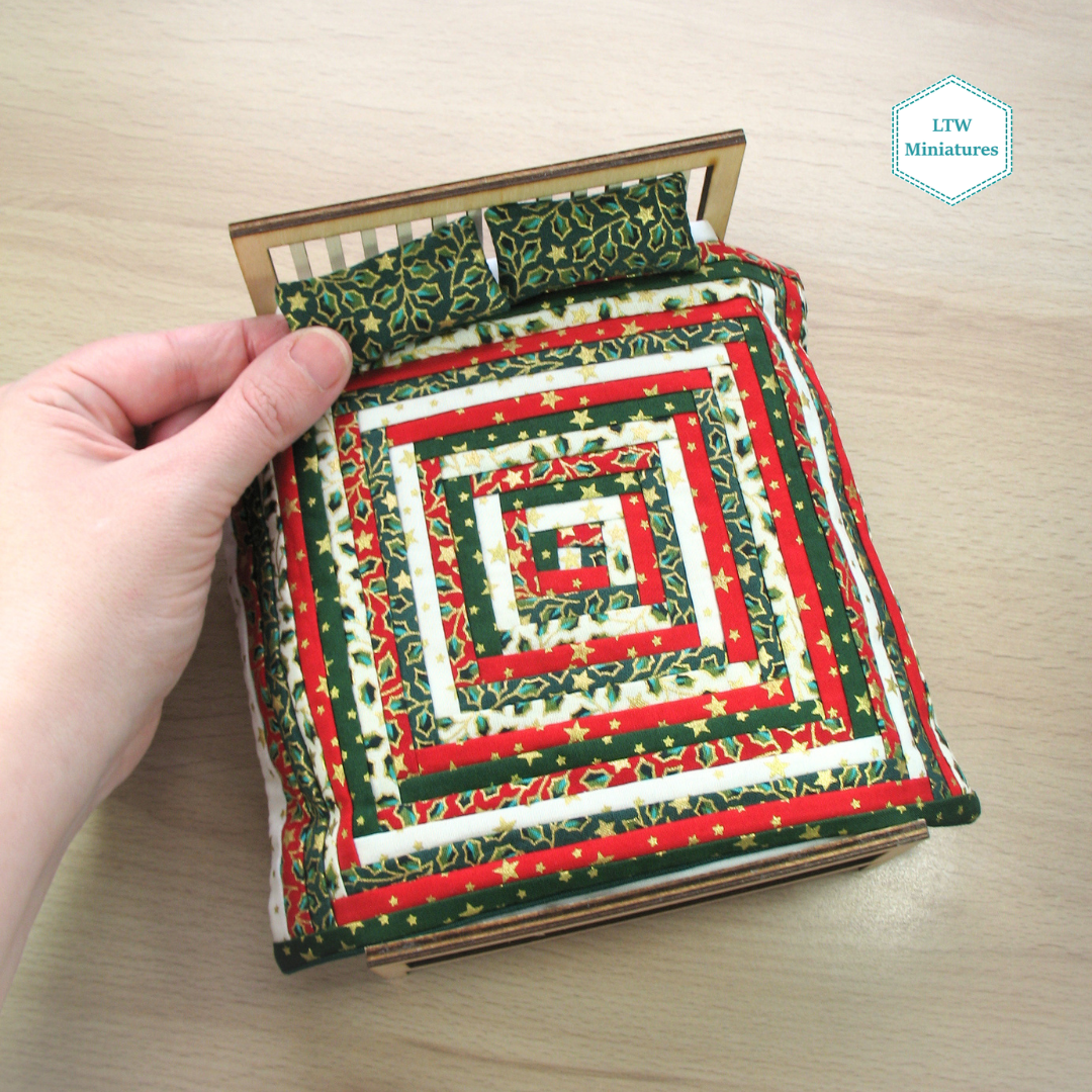 Christmas Log Cabin Double Quilt and Pillows for 1:12 Dollhouse
