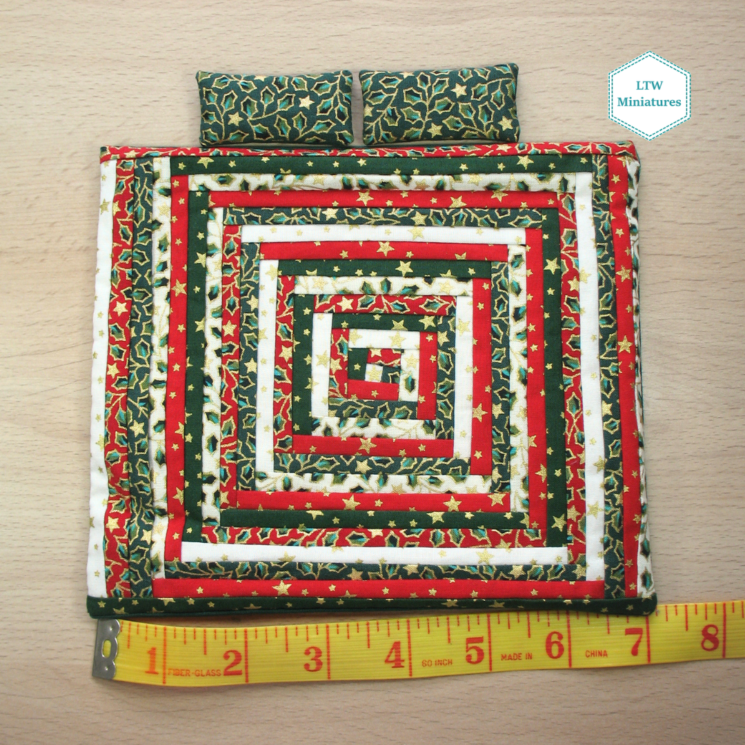 Christmas Log Cabin Double Quilt and Pillows for 1:12 Dollhouse