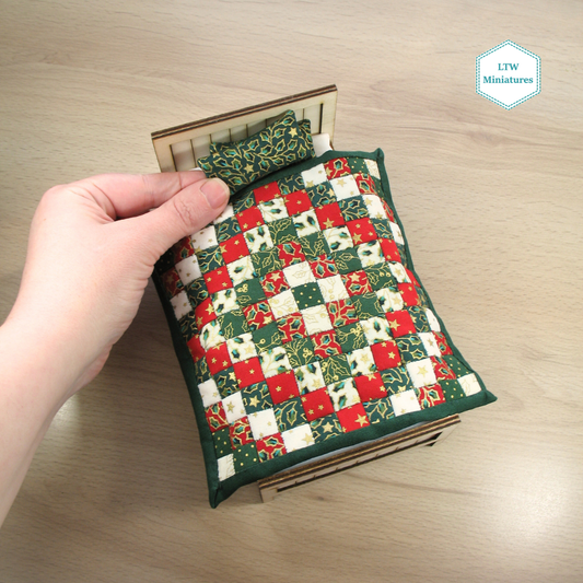 Christmas Squares Single Quilt and Pillows for 1:12 Dollhouse