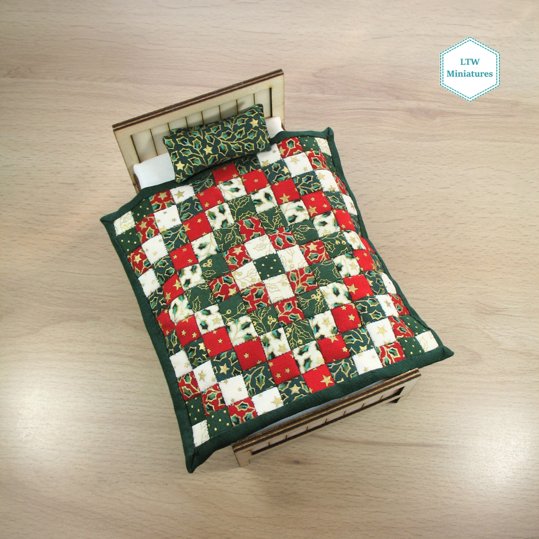 Christmas Squares Single Quilt and Pillows for 1:12 Dollhouse