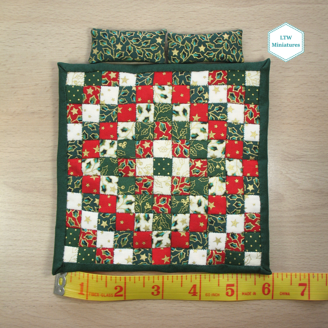 Christmas Squares Single Quilt and Pillows for 1:12 Dollhouse