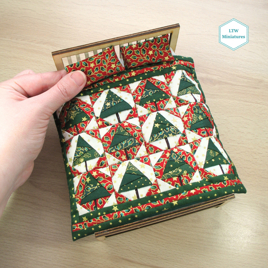 Christmas Trees Double Quilt and Pillows for 1:12 Dollhouse