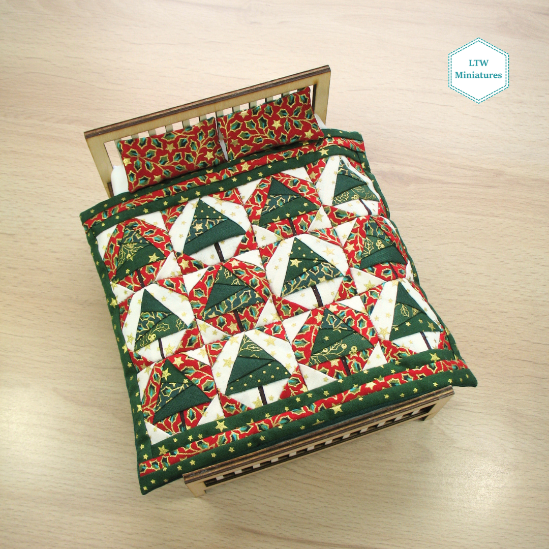 Christmas Trees Double Quilt and Pillows for 1:12 Dollhouse