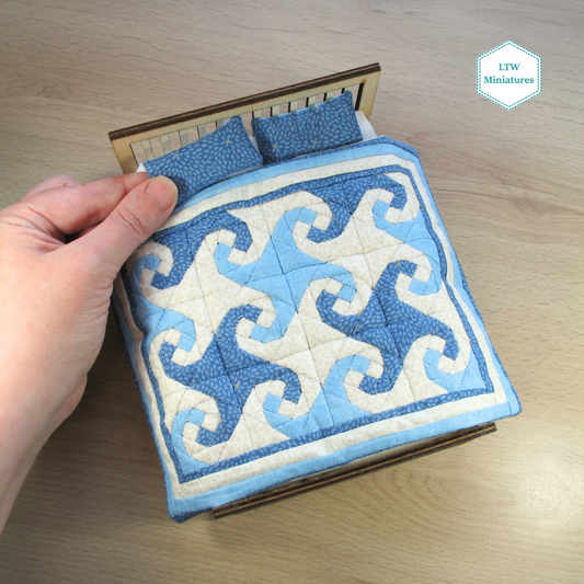 Blue Waves Double Quilt and Pillows for 1:12 Dollhouse