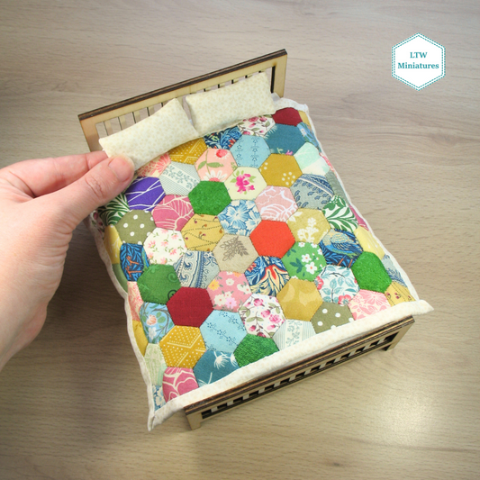 Scrappy Hexies Double Quilt and Pillows for 1:12 Dollhouse