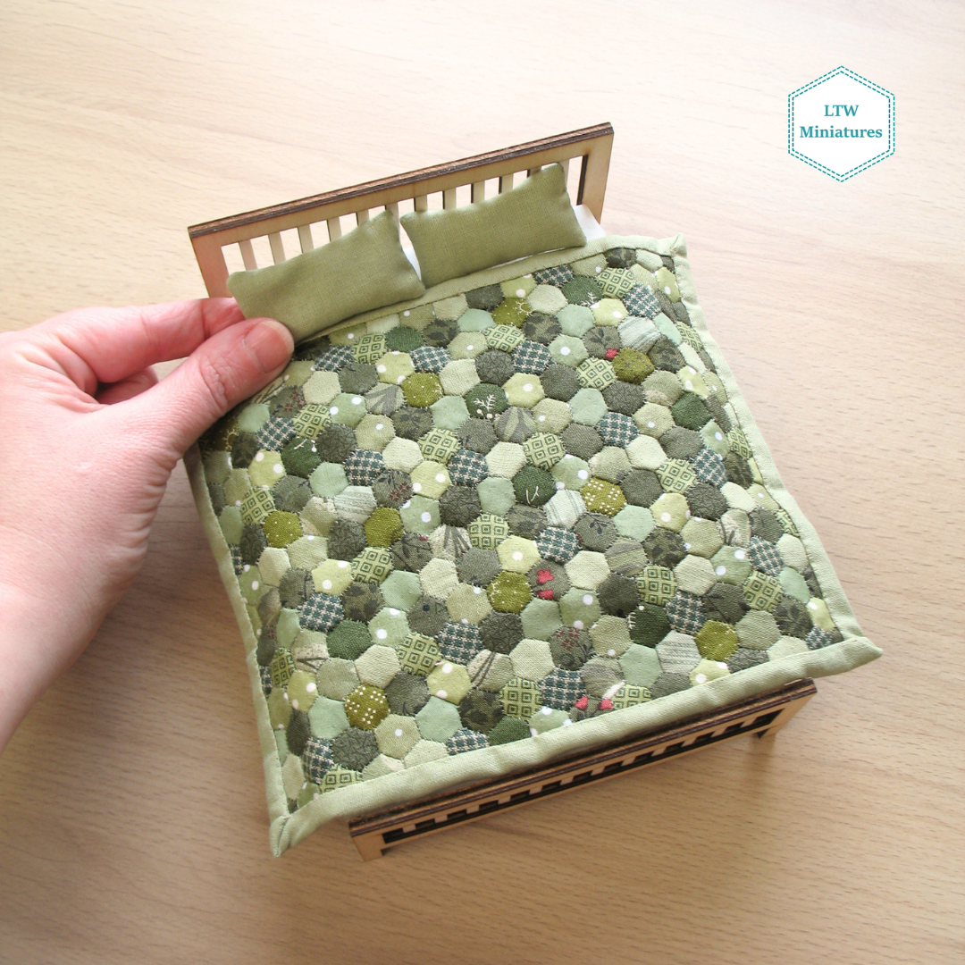 Green Hexies Double Quilt and Pillows for 1:12 Dollhouse