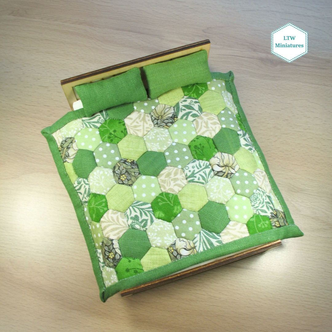 Green Hexies Double Quilt and Pillows for 1:12 Dollhouse