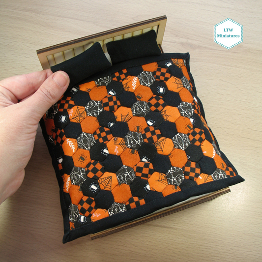 Halloween Hexies Double Quilt and Pillows for 1:12 Dollhouse