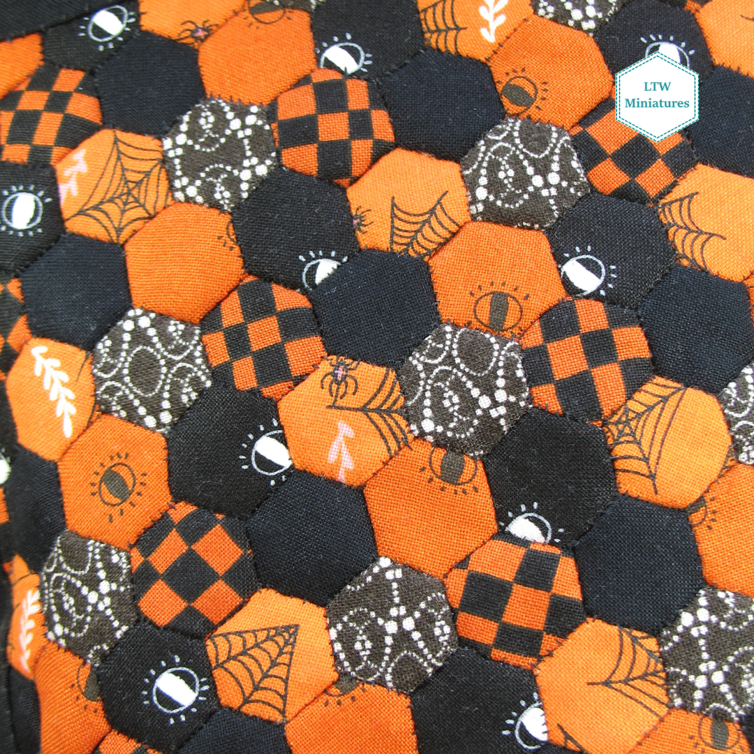 Halloween Hexies Double Quilt and Pillows for 1:12 Dollhouse