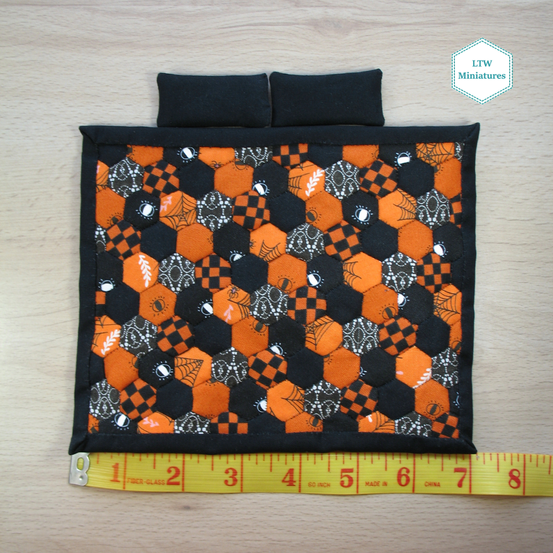 Halloween Hexies Double Quilt and Pillows for 1:12 Dollhouse
