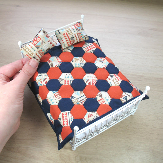 Orange and Blue Double Quilt and Pillows for 1:12 Dollhouse