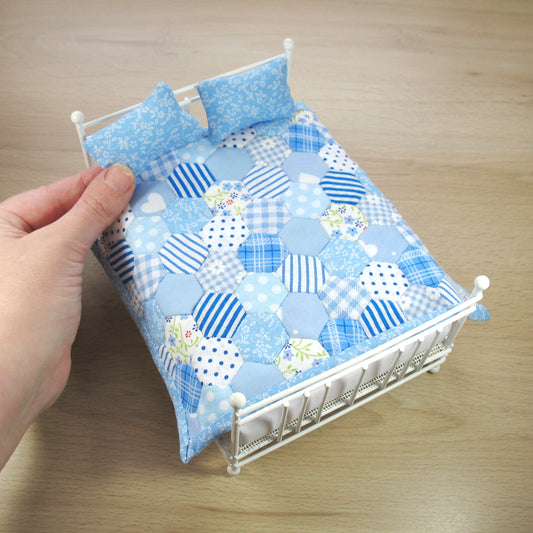 Blue Double Quilt and Pillows for 1:12 Dollhouse