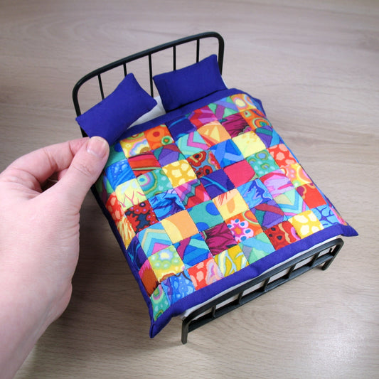 Bright Rainbow Squares Double Quilt and Pillows for 1:12 Dollhouse