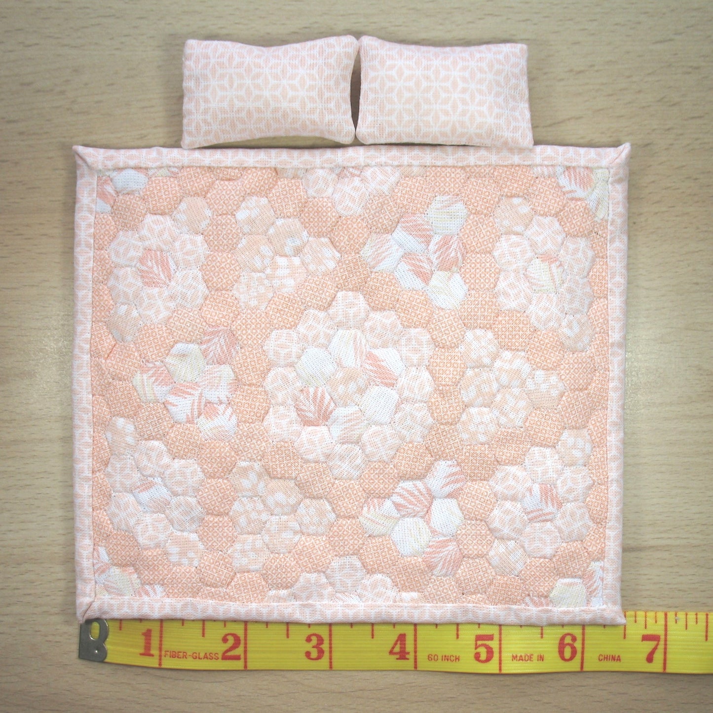 Peachy Hexies Double Quilt and Pillows for 1:12 Dollhouse