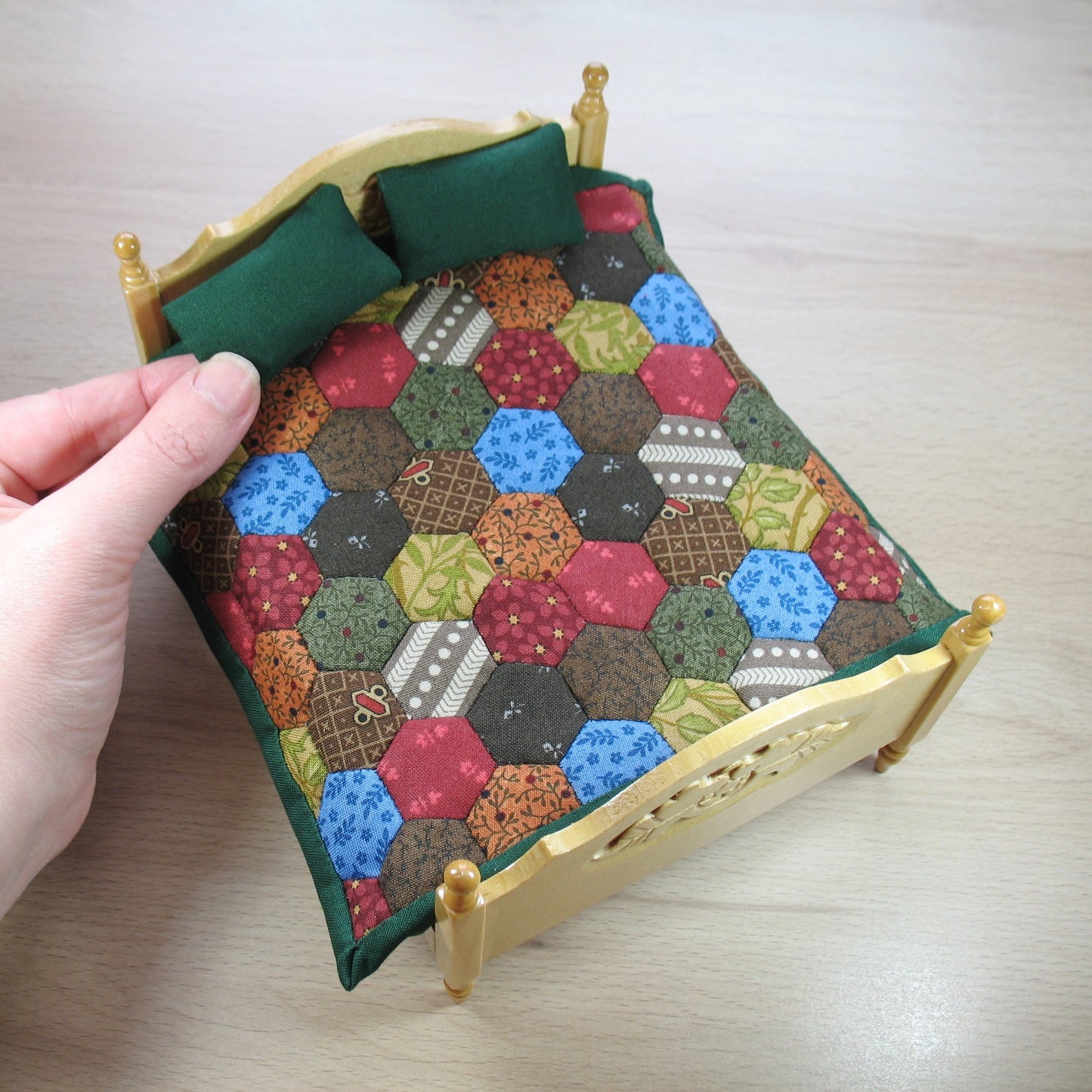 Scrappy Dark Hexies Double Quilt and Pillows for 1:12 Dollhouse