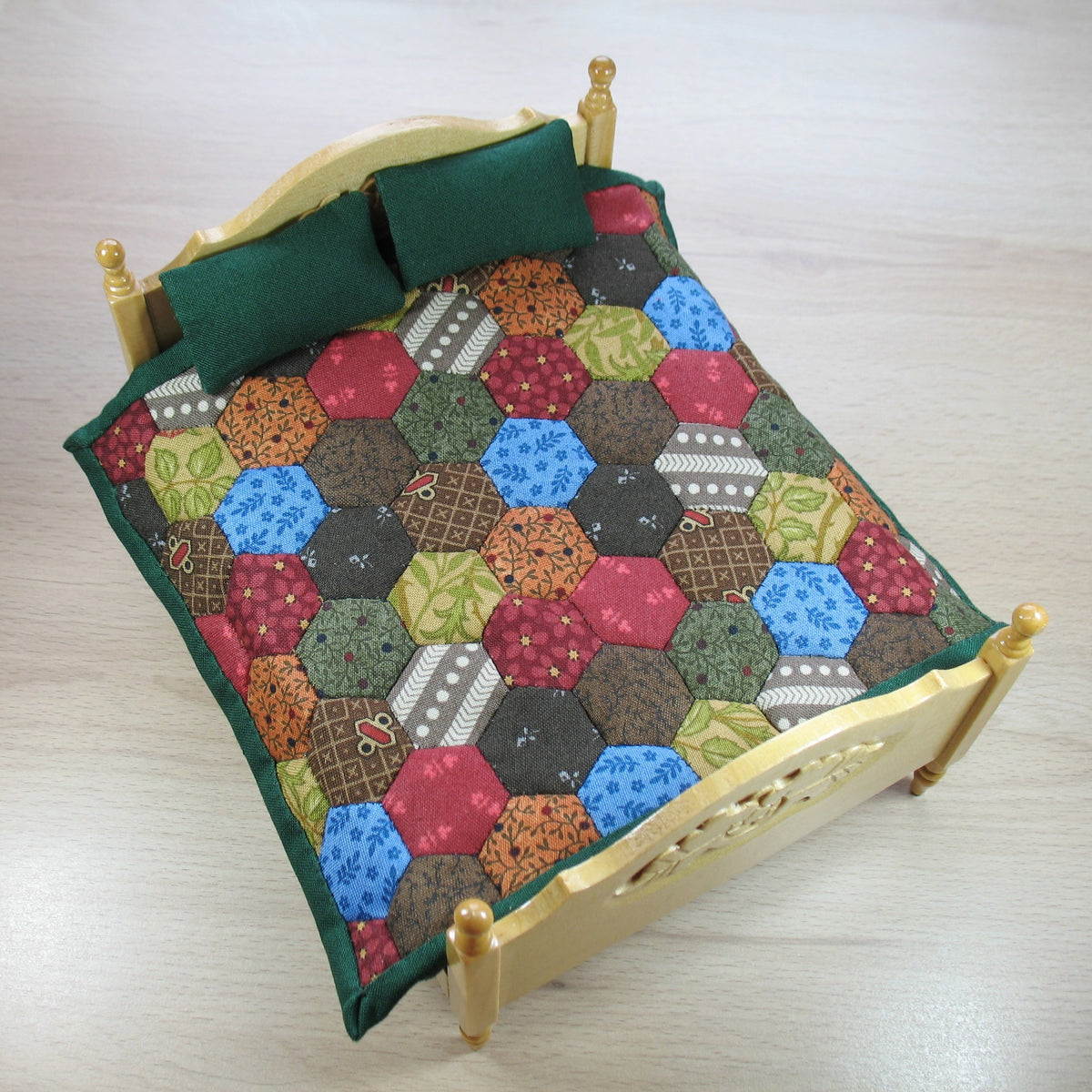 Scrappy Dark Hexies Double Quilt and Pillows for 1:12 Dollhouse