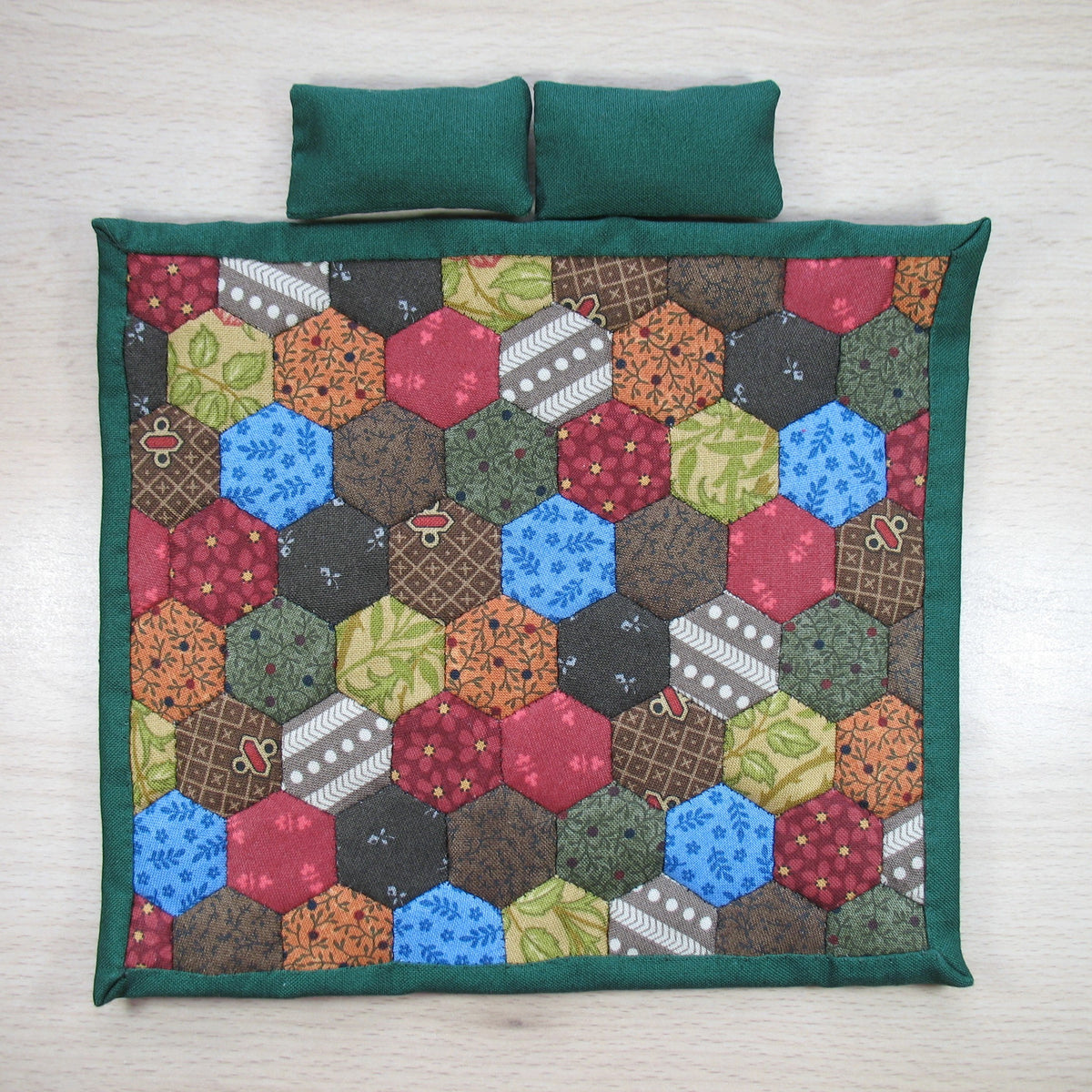 Scrappy Dark Hexies Double Quilt and Pillows for 1:12 Dollhouse