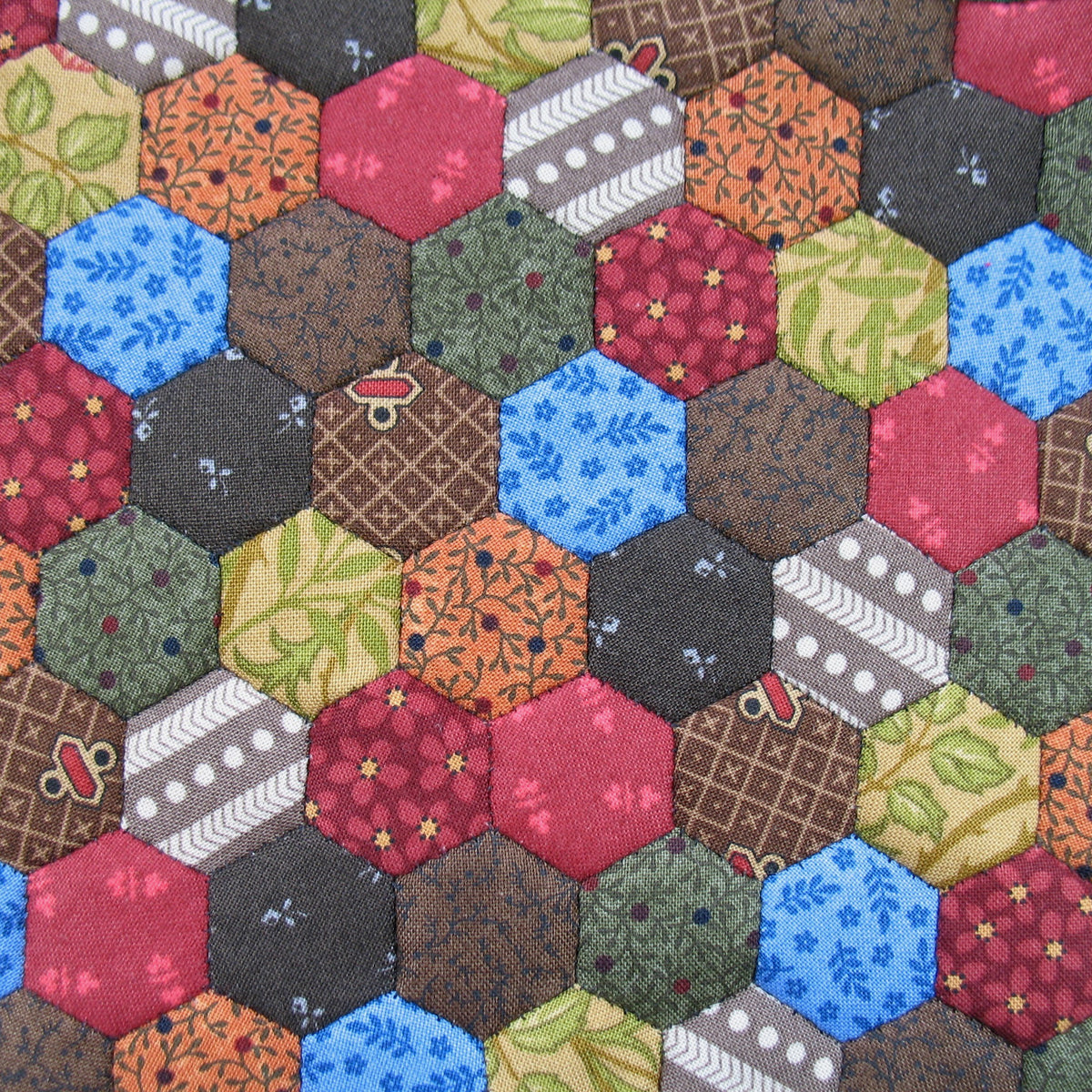 Scrappy Dark Hexies Double Quilt and Pillows for 1:12 Dollhouse