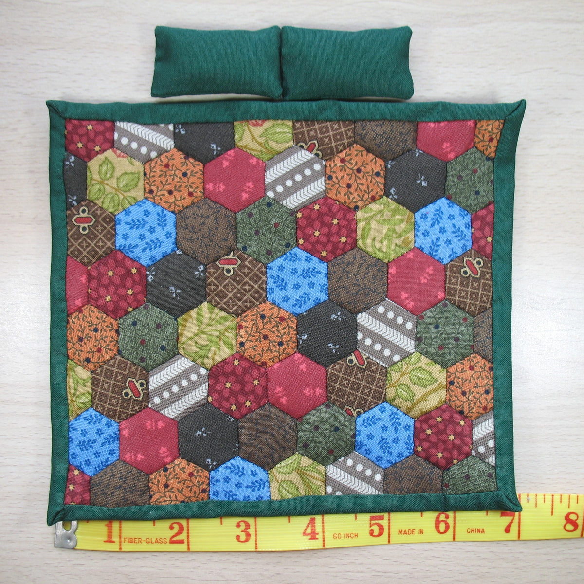 Scrappy Dark Hexies Double Quilt and Pillows for 1:12 Dollhouse