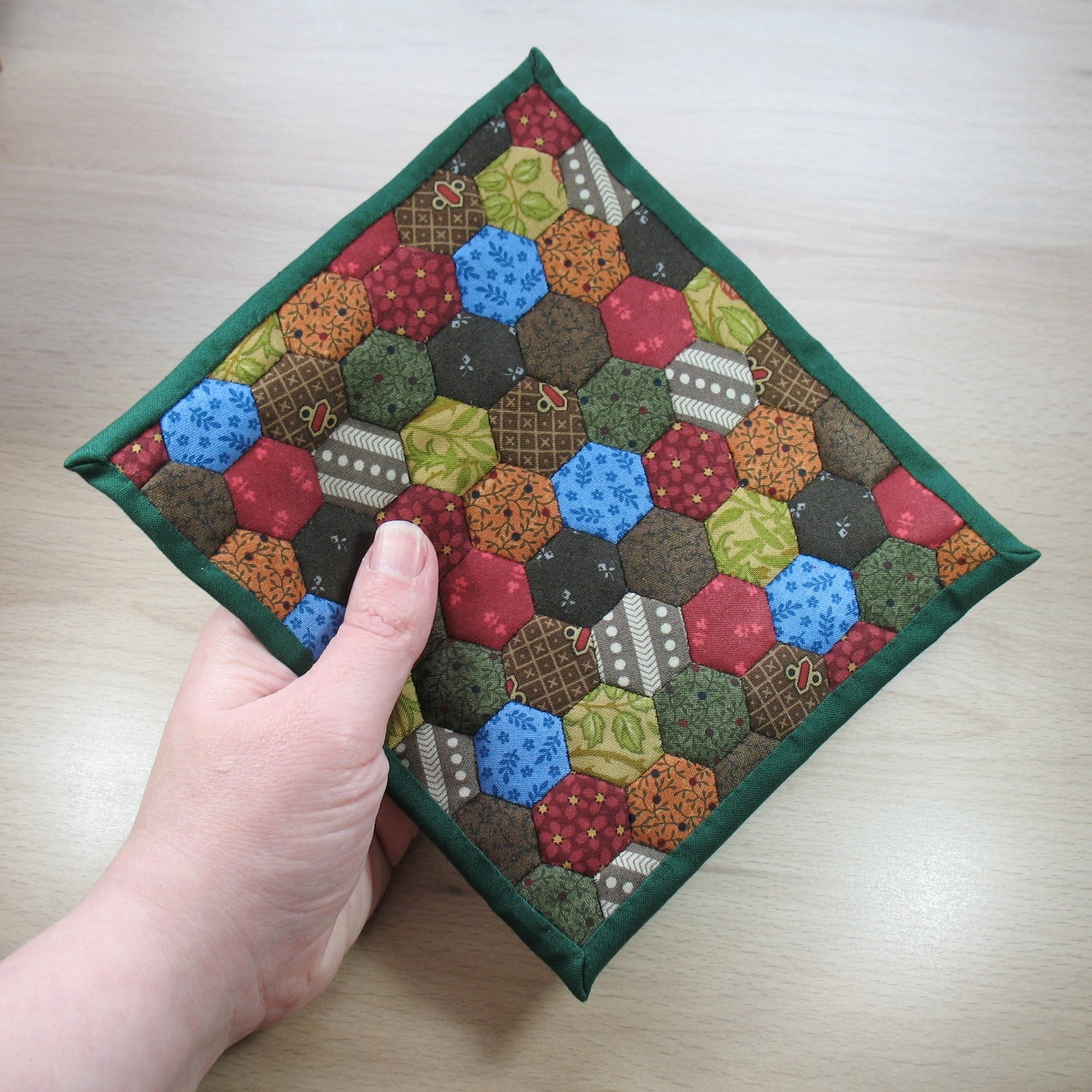 Scrappy Dark Hexies Double Quilt and Pillows for 1:12 Dollhouse