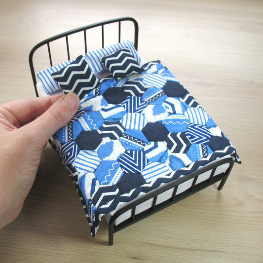 Modern Blue Hexies Double Quilt and Pillows for 1:12 Dollhouse