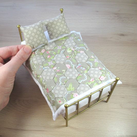 Grey Hexies Single Quilt and Pillows for 1:12 Dollhouse