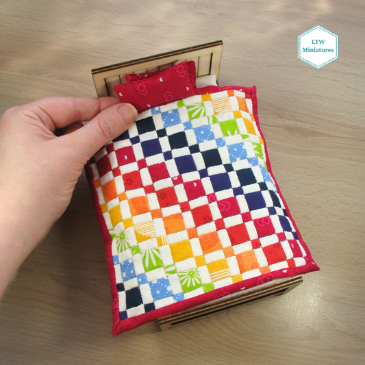 Rainbow Squares Single Quilt and Pillows for 1:12 Dollhouse