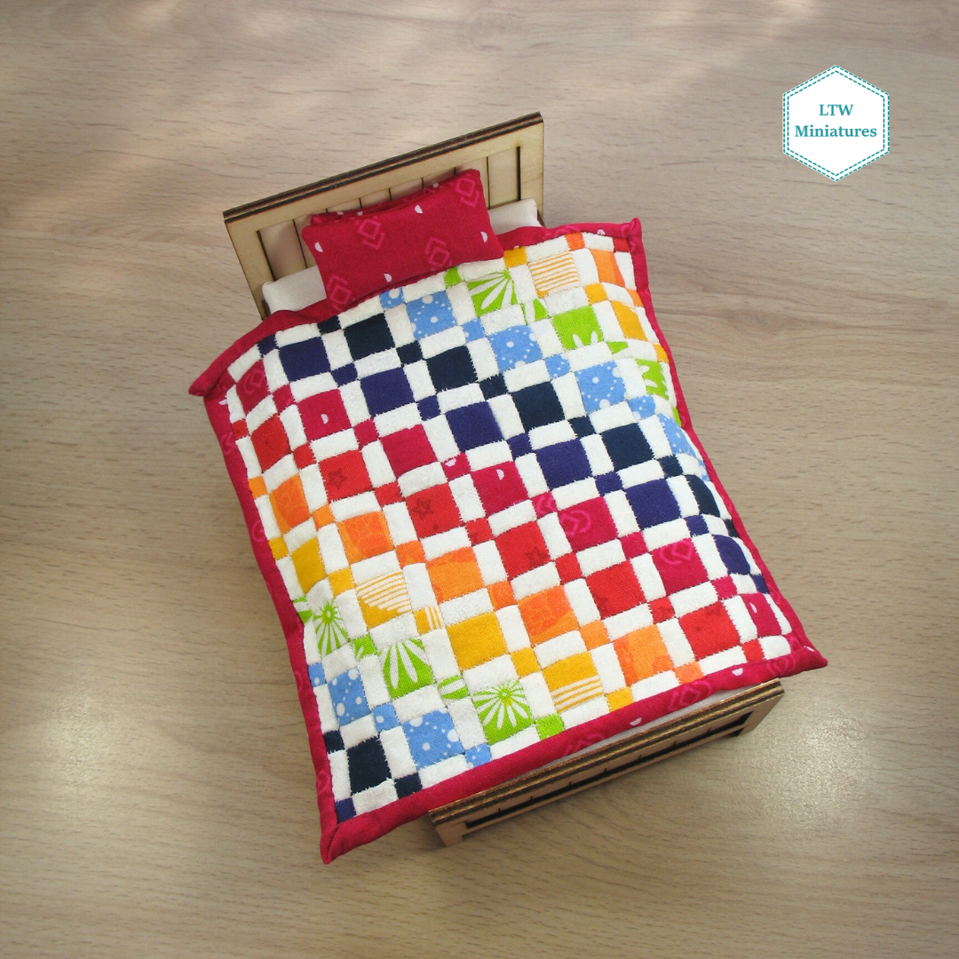 Rainbow Squares Single Quilt and Pillows for 1:12 Dollhouse