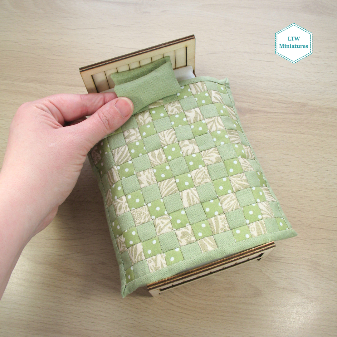 Green Squares Single Quilt and Pillows for 1:12 Dollhouse