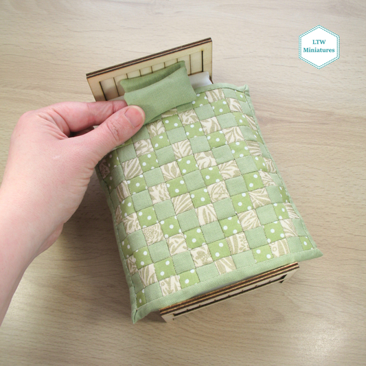 Green Squares Single Quilt and Pillows for 1:12 Dollhouse