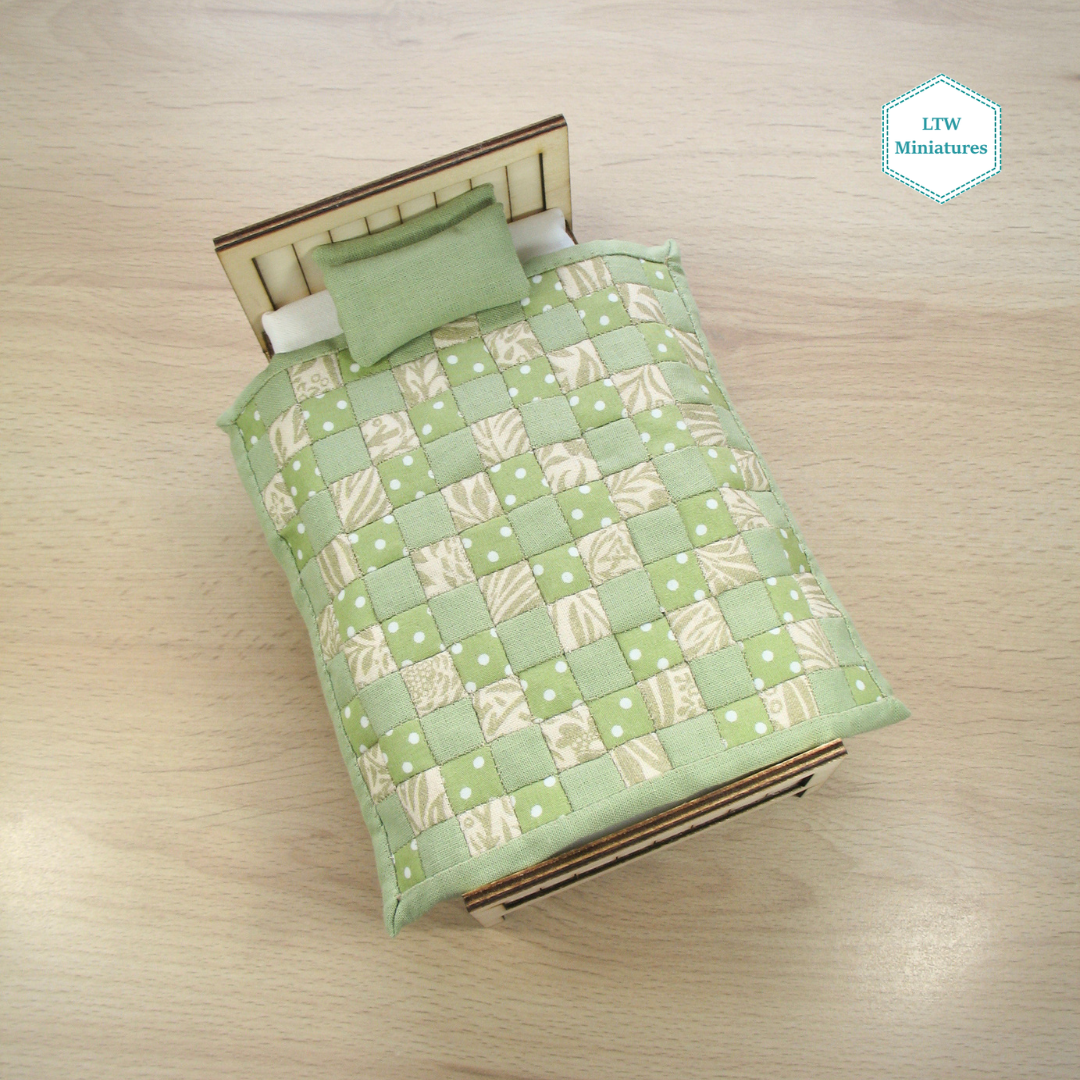Green Squares Single Quilt and Pillows for 1:12 Dollhouse