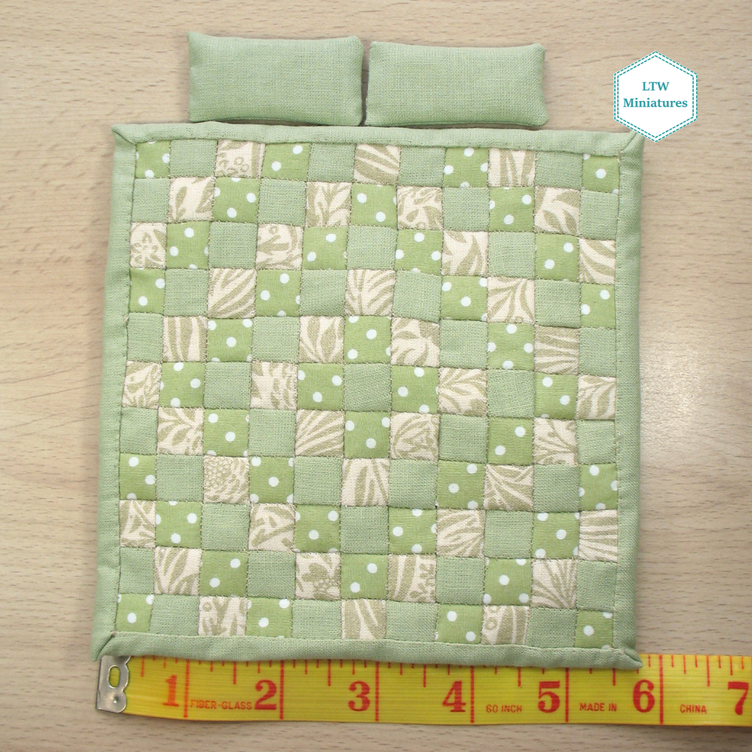 Green Squares Single Quilt and Pillows for 1:12 Dollhouse