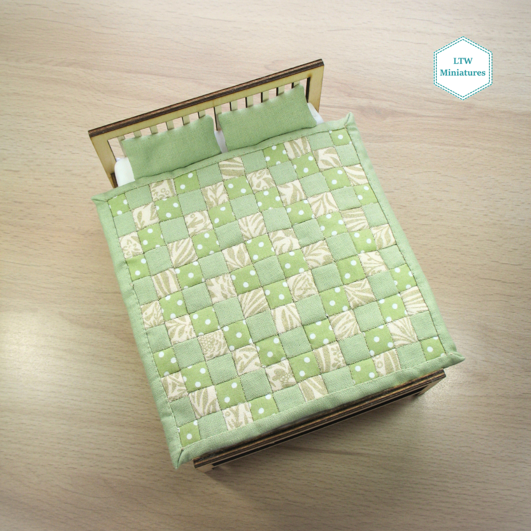 Green Squares Single Quilt and Pillows for 1:12 Dollhouse