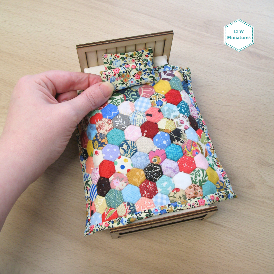 Scrappy 3/8" Hexies Single Quilt and Pillows for 1:12 Dollhouse