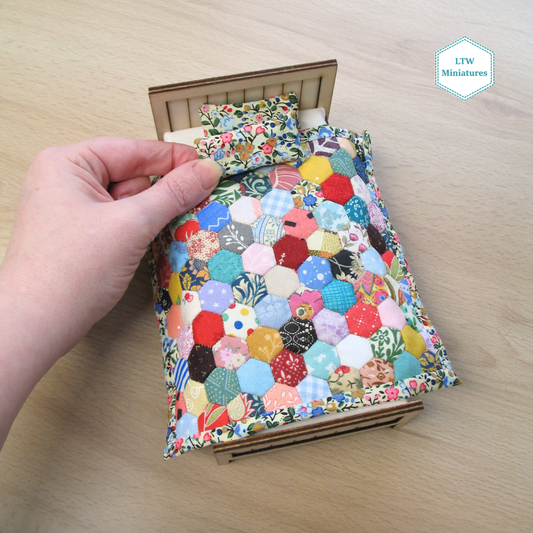 Scrappy 3/8" Hexies Single Quilt and Pillows for 1:12 Dollhouse