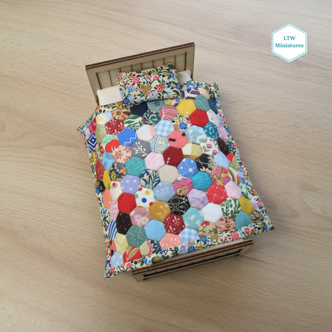 Scrappy 3/8" Hexies Single Quilt and Pillows for 1:12 Dollhouse